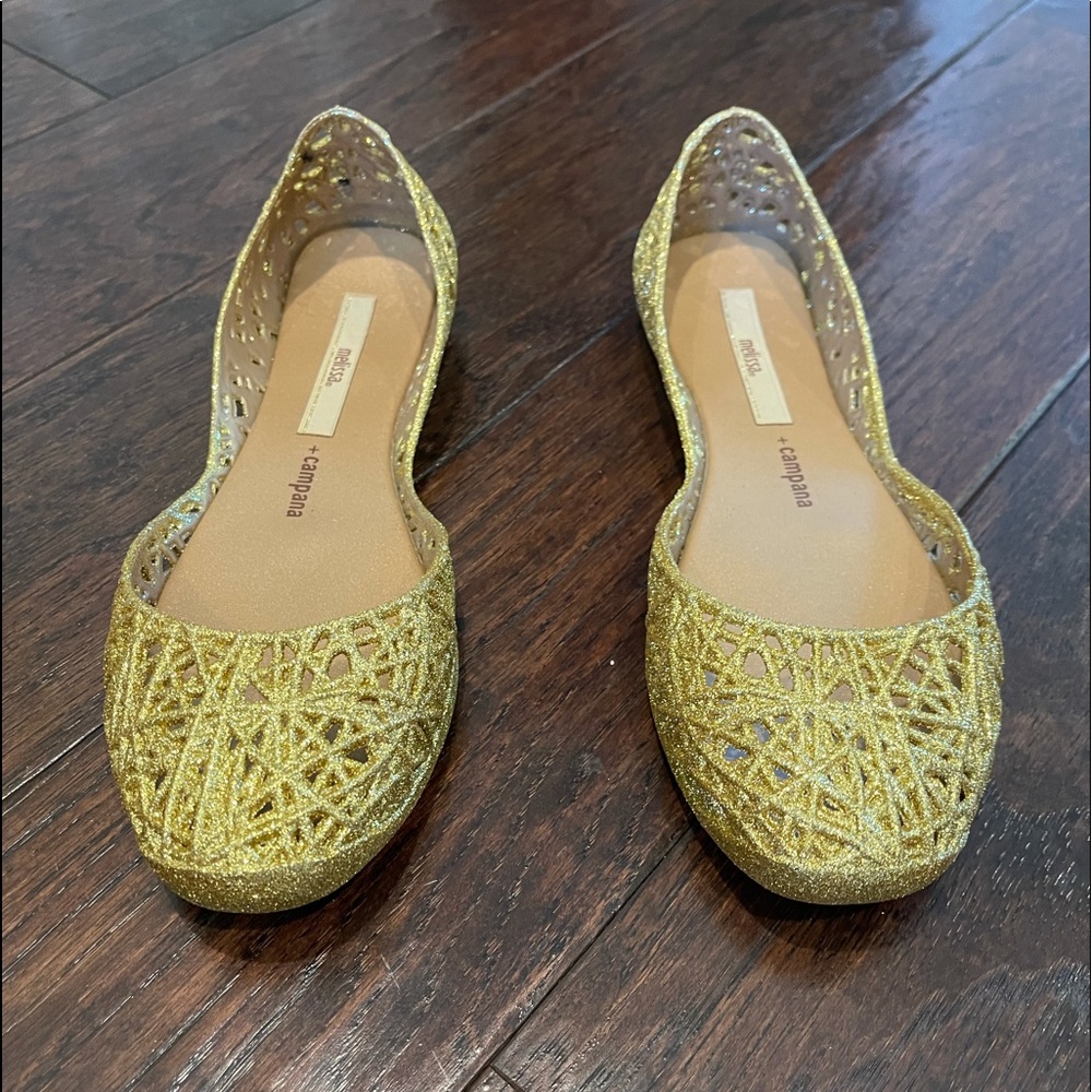 NIB New Melissa and Campana Zig Zag Flat Gold Glitter Womens Size 6